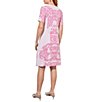 Color:White/Carmine Rose - Image 2 - Placement Print Knit Stretch Jacquard Round Neck Short Sleeve A-Line Dress