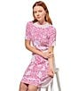 Color:White/Carmine Rose - Image 5 - Placement Print Knit Stretch Jacquard Round Neck Short Sleeve A-Line Dress