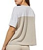 Color:Flamenco/Limestone/White - Image 2 - Soft Knit Color Block Floral Print Split V-Neck Short Sleeve Tee
