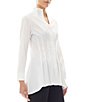 Color:White - Image 3 - Stretch Cotton Mandarin Neck Pleat Front Details Long Sleeve Hi-Low Hem Button-Front Tunic