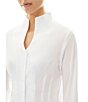 Color:White - Image 4 - Stretch Cotton Mandarin Neck Pleat Front Details Long Sleeve Hi-Low Hem Button-Front Tunic