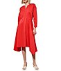 Color:Flamenco - Image 1 - Stretch Cotton Poplin Split V-Neck Long Sleeve Side Drape Hem Midi Fit And Flare Dress