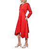 Color:Flamenco - Image 3 - Stretch Cotton Poplin Split V-Neck Long Sleeve Side Drape Hem Midi Fit And Flare Dress