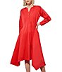 Color:Flamenco - Image 4 - Stretch Cotton Poplin Split V-Neck Long Sleeve Side Drape Hem Midi Fit And Flare Dress