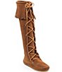 Color:Brown Suede - Image 1 - Women's Hardsole Suede Fringe Tall Lace Up Boots