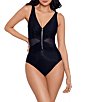 Color:Black - Image 1 - Network News Vive Solid Mesh Front Zip V-Neck Shaping One Piece Swimsuit
