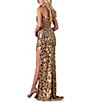 Color:Gold Nude - Image 2 - Mirror Beaded Open Back Side Slit Gown