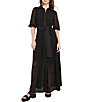 Color:Black - Image 1 - Eyelet Lace Woven Contrast Trim Point Collar Elbow Sleeve Belted Long Shirt Dress