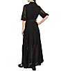 Color:Black - Image 2 - Eyelet Lace Woven Contrast Trim Point Collar Elbow Sleeve Belted Long Shirt Dress