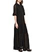 Color:Black - Image 3 - Eyelet Lace Woven Contrast Trim Point Collar Elbow Sleeve Belted Long Shirt Dress