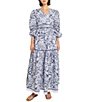 Color:Mazarine/White - Image 1 - Knit V-Neck 3/4 Balloon Sleeve Embroidered Cotton Maxi Dress