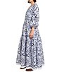 Color:Mazarine/White - Image 3 - Knit V-Neck 3/4 Balloon Sleeve Embroidered Cotton Maxi Dress