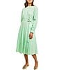 Color:Paradise Green - Image 1 - Mixed Media Crochet Banded Collar Long Sleeve Drop Waist Belted Midi Dress
