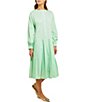Color:Paradise Green - Image 3 - Mixed Media Crochet Banded Collar Long Sleeve Drop Waist Belted Midi Dress