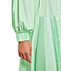 Color:Paradise Green - Image 4 - Mixed Media Crochet Banded Collar Long Sleeve Drop Waist Belted Midi Dress