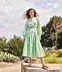 Color:Paradise Green - Image 5 - Mixed Media Crochet Banded Collar Long Sleeve Drop Waist Belted Midi Dress