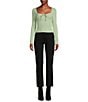 Color:Smoke Green - Image 3 - Long Sleeve Tie Front Rib Knit Top