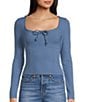 Color:Coronet Blue - Image 1 - Long Sleeve Tie Front Rib Knit Top