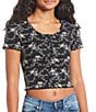 Color:Black Delicate Ivory - Image 1 - Printed Short Sleeve Button Front Lettuce Edge Henley Top