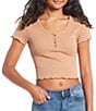 Color:Hayseed - Image 1 - Short Sleeve Button Front Lettuce Edge Henley Top