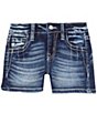 Color:Dark Blue - Image 2 - Big Girls 7-16 Fleur-de-lis Embroidered Pocket Denim Shorts