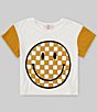 Color:Ivory/Mustard - Image 1 - Big Girls 7-16 Short Sleeve Check Smiley Graphic T-Shirt