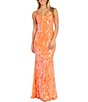 Color:Orangina - Image 1 - Spaghetti Straps Sweetheart Neck Swirl And Scroll Pattern Long Dress