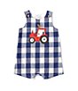 Color:Blue - Image 1 - Baby Boys Newborn-18 Months Sleeveless Checked Tractor-Applique Shortall
