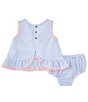 Color:Blue - Image 2 - Baby Girls 3-12 Months Sleeveless Golf-Applique Crocheted-Trim Pinafore Dress & Bloomer Set