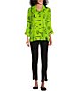 Color:Keylime - Image 3 - Abstract Print Shimmer Point Collard 3/4 Turn Up Cuff Button-Front High-Low Hem Shirt