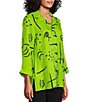 Color:Keylime - Image 4 - Abstract Print Shimmer Point Collard 3/4 Turn Up Cuff Button-Front High-Low Hem Shirt