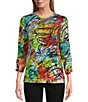 Color:Multi - Image 1 - Abstract Print Slub Knit Round Neck 3/4 Bungee Sleeve Front Pocket Top