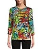 Color:Multi - Image 1 - Petite Size Abstract Print Slub Knit Round Neck 3/4 Bungee Sleeve 1-Pocket Top