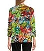 Color:Multi - Image 2 - Petite Size Abstract Print Slub Knit Round Neck 3/4 Bungee Sleeve 1-Pocket Top