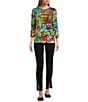 Color:Multi - Image 3 - Petite Size Abstract Print Slub Knit Round Neck 3/4 Bungee Sleeve 1-Pocket Top