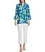 Color:Multi - Image 3 - Petite Size Crinkle Woven Printed Collared V-Neck 3/4 Sleeve Button-Front Shirt