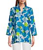 Color:Multi - Image 1 - Petite Size Crinkle Woven Printed Collared V-Neck 3/4 Sleeve Button-Front Shirt