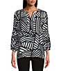 Color:Midnight - Image 1 - Petite Size Crinkle Woven Stripe Print Y-Neck 3/4 Sleeve Blouse