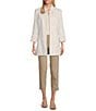 Color:White - Image 3 - Petite Size Linen-Blend Stand Collar 3/4 Sleeve Double Button Jacket