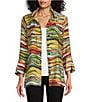 Color:Multi - Image 1 - Petite Size Multicolor Wave Print Stand Collar 3/4 Flounce Sleeve Button-Front Jacket