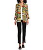 Color:Multi - Image 3 - Petite Size Multicolor Wave Print Stand Collar 3/4 Flounce Sleeve Button-Front Jacket