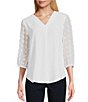 Color:White - Image 1 - Petite Size Novelty Woven V-Neck 3/4 Dotted Sheer Sleeve Top