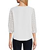 Color:White - Image 2 - Petite Size Novelty Woven V-Neck 3/4 Dotted Sheer Sleeve Top