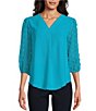 Color:Ocean - Image 1 - Petite Size Novelty Woven V-Neck 3/4 Dotted Sheer Sleeve Top