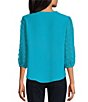 Color:Ocean - Image 2 - Petite Size Novelty Woven V-Neck 3/4 Dotted Sheer Sleeve Top