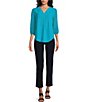 Color:Ocean - Image 3 - Petite Size Novelty Woven V-Neck 3/4 Dotted Sheer Sleeve Top