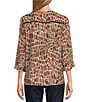 Color:Multi - Image 2 - Petite Size Printed Band Split Neck 3/4 Sleeve Button Down Tie-Front Top