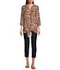 Color:Multi - Image 3 - Petite Size Printed Band Split Neck 3/4 Sleeve Button Down Tie-Front Top