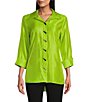 Color:Keylime - Image 1 - Petite Size Shimmer Woven Collard Turn Up Cuff 3/4 Sleeve Button-Front Shirt