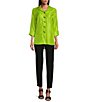 Color:Keylime - Image 5 - Petite Size Shimmer Woven Collard Turn Up Cuff 3/4 Sleeve Button-Front Shirt